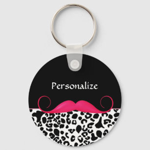 Trendy Pink Moustache Girly Leopard Print With Keychain