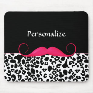 Trendy Pink Moustache Girly Leopard Print With Mouse Pad