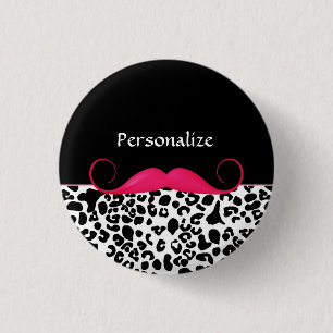 Trendy Pink Moustache Girly Leopard Print With Nam 1 Inch Round Button