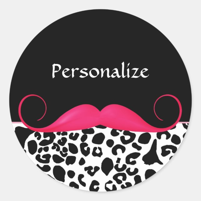 Trendy Pink Moustache Girly Leopard Print With Nam Classic Round Sticker (Front)