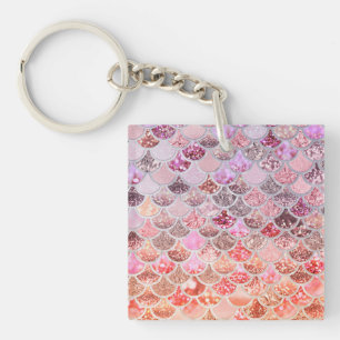 Trendy Pink Ombre Glitter Mermaid Fish Scales Keychain