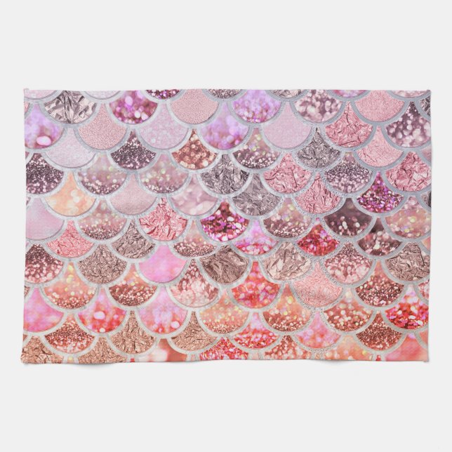 Trendy Pink Ombre Glitter Mermaid Fish Scales Kitchen Towel (Horizontal)