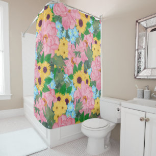 Trendy Pink Peonies Yellow Sunflowers Watercolor