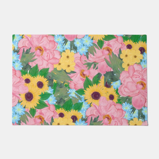 Trendy Pink Peonies Yellow Sunflowers Watercolor Doormat (Front)