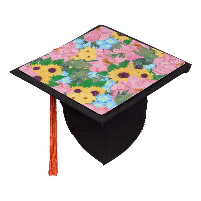 Trendy Pink Peonies Yellow Sunflowers Watercolor Graduation Cap Topper (Angled)