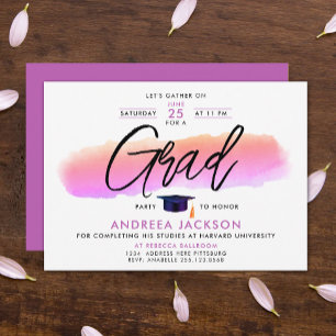 Trendy Pink Purple Grad Cap Bold Script Watercolor Invitation