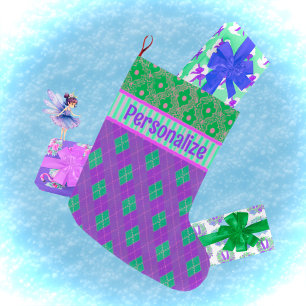 Trendy Pink Purple Green Personalized Christmas Large Christmas Stocking