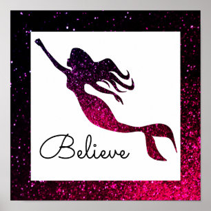 Trendy Pink & Purple Mermaid Silhouette Believe Poster
