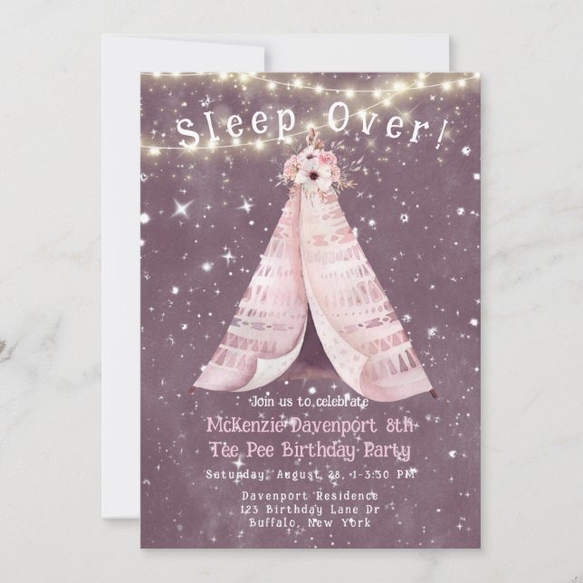 Trendy Pink Purple Tee Pee Girl Birthday Party Invitation (Front)