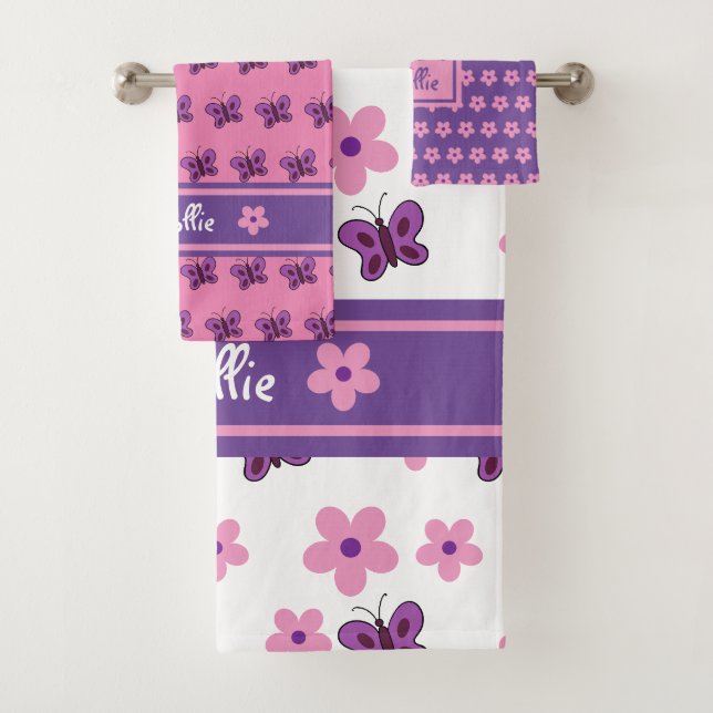 Trendy Pink Purple White Flowers Butterflies Kid's Bath Towel Set (Insitu)
