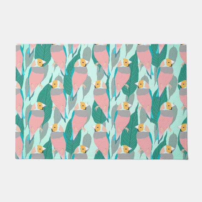 Trendy Pink Rainbow Finch Bird & Green Foliage Doormat (Front)