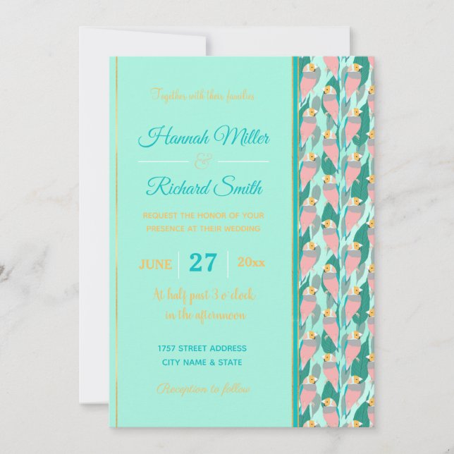 Trendy Pink Rainbow Finch Bird & Green Foliage Invitation (Front)