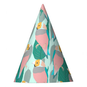 Trendy Pink Rainbow Finch Bird & Green Foliage Party Hat