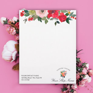 Trendy pink & red floral, business name & logo letterhead
