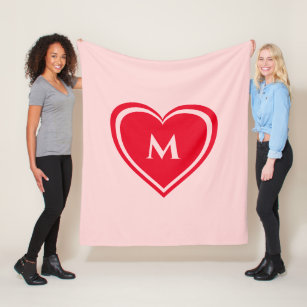 Trendy Pink Red Heart Monogram Valentine`s Fleece Blanket