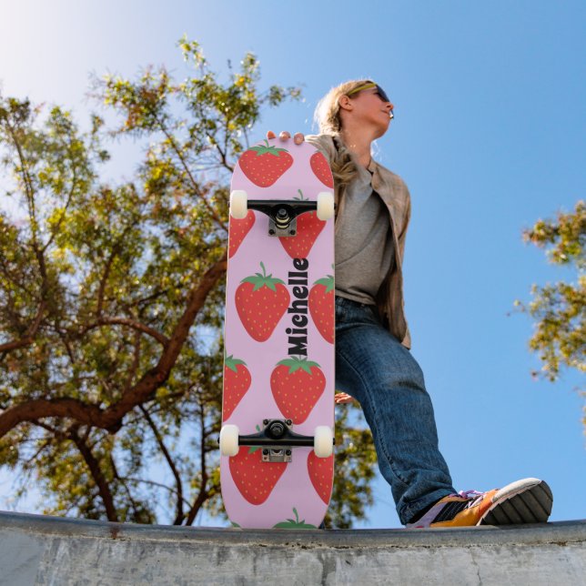 Trendy Pink & Red Strawberry Pattern Personalized Skateboard (Outdoor 1)