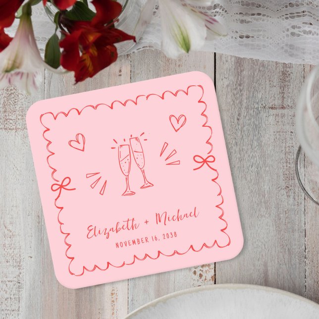 Trendy Pink Red Wavy Frame Wedding Square Paper Coaster (Creator Uploaded)