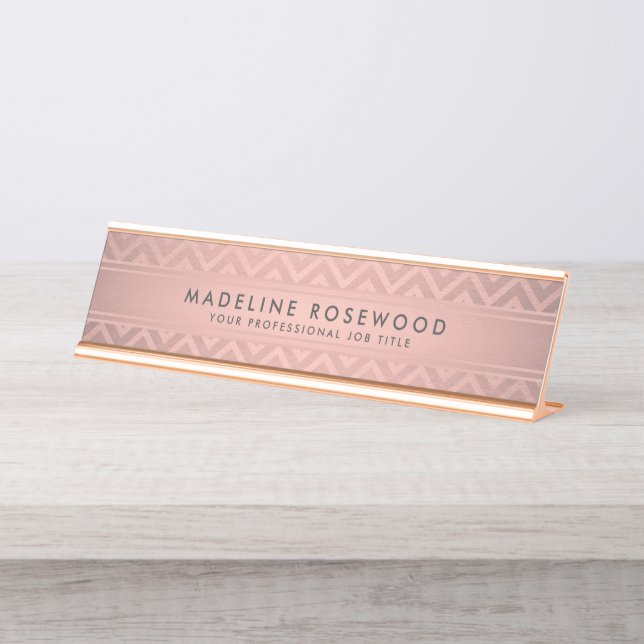 Trendy Pink Rose Gold Chevron Modern Monogrammed Desk Name Plate (Front)