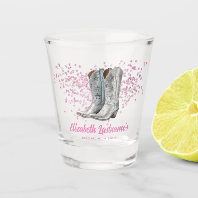 Trendy Pink Silver Cowboy Boots Bachelorette Party Shot Glass (Front)