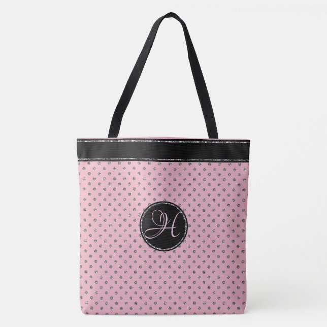 Trendy Pink Silver Glitter Polka Dot Monogrammed Tote Bag (Front)