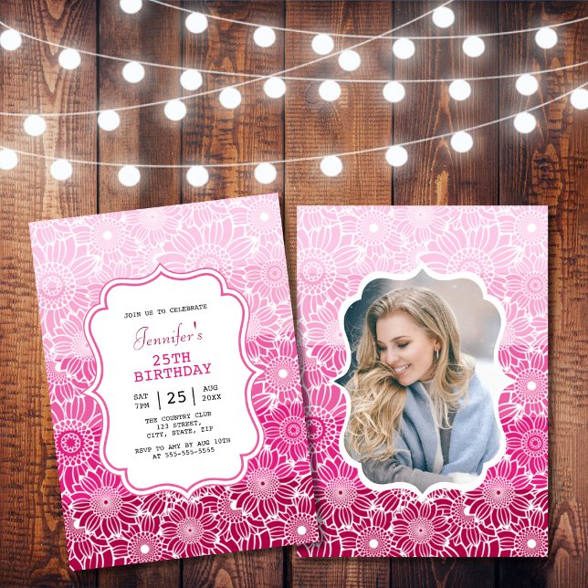 Trendy Pink Stripes Floral Photo Birthday Invitation (Creator Uploaded)