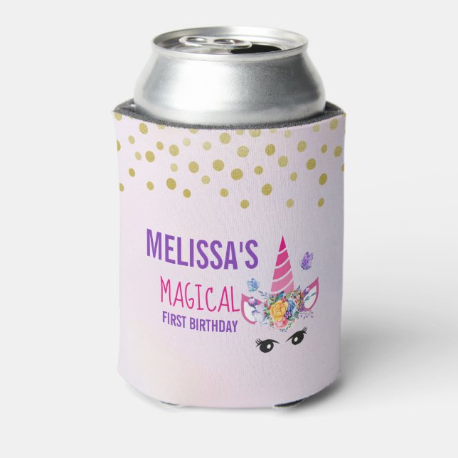 Trendy Pink Unicorn Confetti & Flowers Birthday Can Cooler (Can Back)