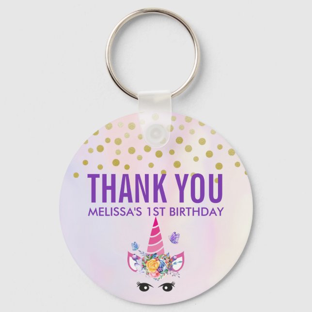 Trendy Pink Unicorn Confetti & Flowers Birthday Keychain (Front)