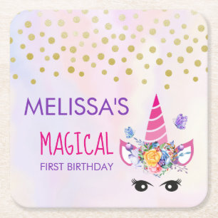 Trendy Pink Unicorn Confetti & Flowers Birthday Square Paper Coaster