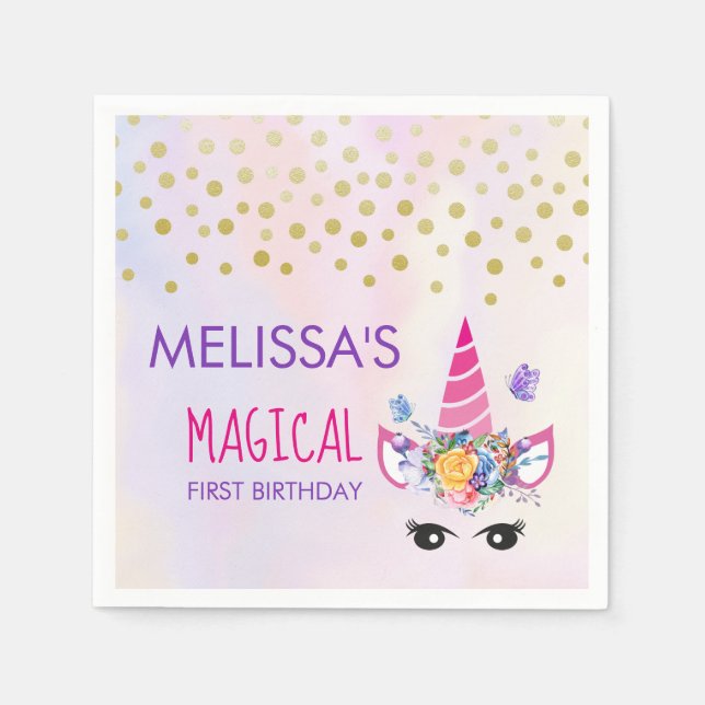 Trendy Pink Unicorn Confetti & Flowers First Birth Napkin (Front)