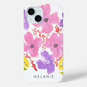 Trendy Pink Watercolor Floral iPhone 15 Case