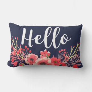 Trendy Pink Watercolor Flowers Hello Script Lumbar Pillow