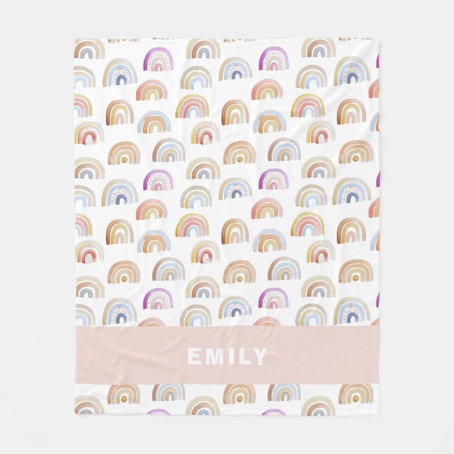 Trendy Pink Watercolor Rainbow Fleece Blanket (Front)
