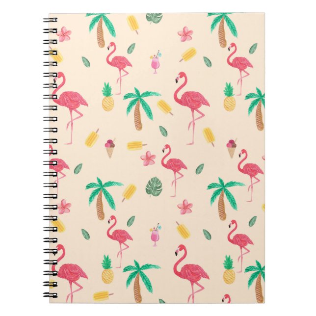 Trendy pink watercolor tropical flamingo floral notebook (Front)