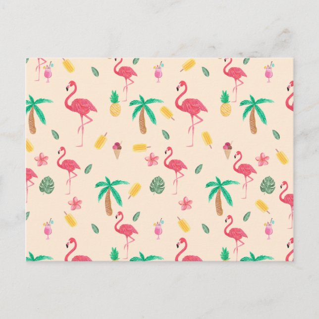 Trendy pink watercolor tropical flamingo floral postcard (Front)