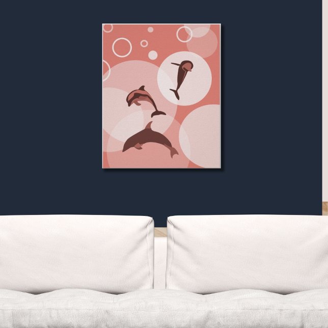 Trendy Pink Wave Jumping Dolphins  Poster (Pink Wall Art Three Jumping Dolphins)
