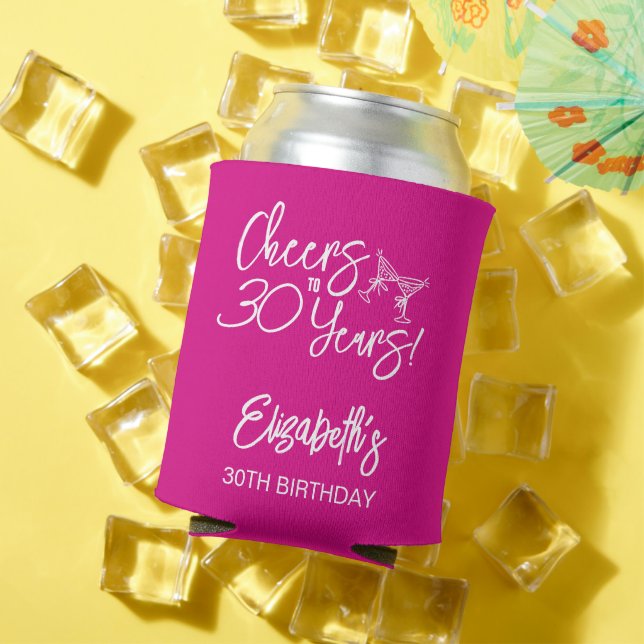 Trendy Pink Whimsical Hand Drawn 30th Birthday Can Cooler (In Situ Summer)