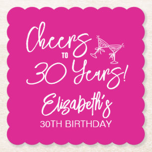 Trendy Pink Whimsical Hand Drawn 30th Birthday Paper Coaster
