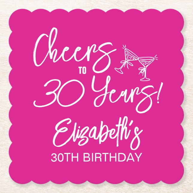 Trendy Pink Whimsical Hand Drawn 30th Birthday Paper Coaster (Front)