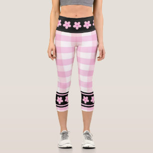 Trendy Pink White Chequered Pattern With Flowers Capri Leggings