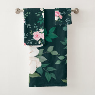 Trendy Pink white floral  Bath Towel Set