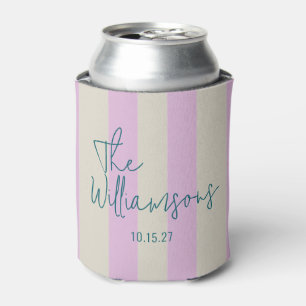 Trendy Pink White Stripes Custom Script Wedding Can Cooler