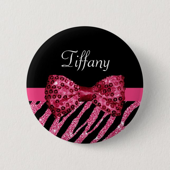 Trendy Pink Zebra Print FAUX Glitz Bow With Name 2 Inch Round Button (Front)