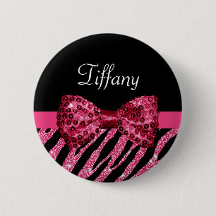Trendy Pink Zebra Print FAUX Glitz Bow With Name 2 Inch Round Button