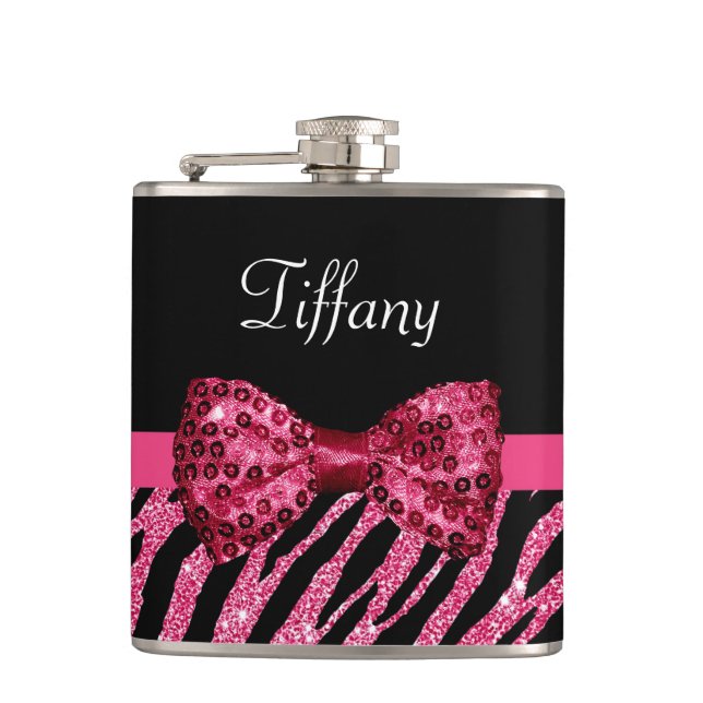 Trendy Pink Zebra Print FAUX Glitz Bow With Name Hip Flask (Front)