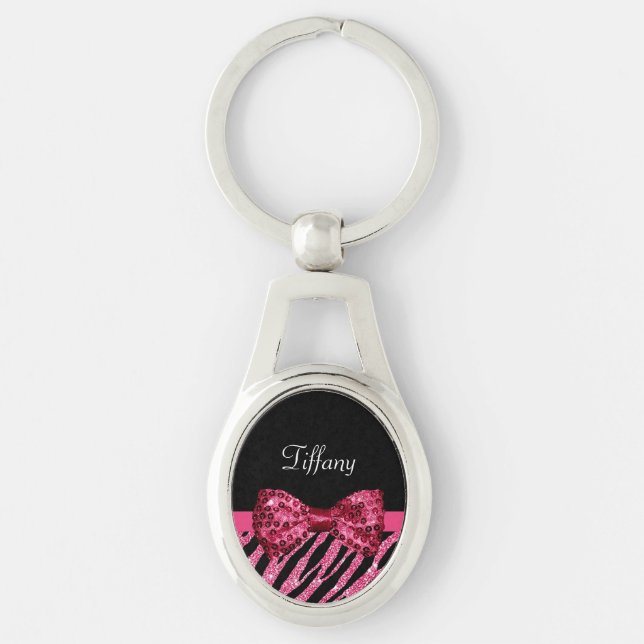 Trendy Pink Zebra Print FAUX Glitz Bow With Name Keychain (Front)
