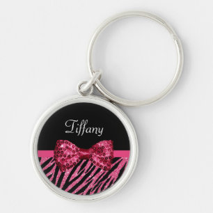Trendy Pink Zebra Print FAUX Glitz Bow With Name Keychain