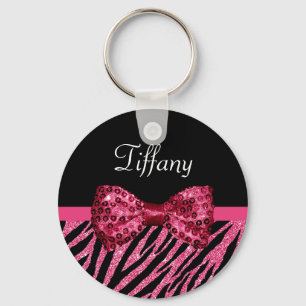 Trendy Pink Zebra Print FAUX Glitz Bow With Name Keychain