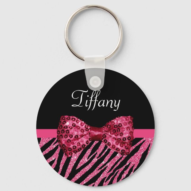 Trendy Pink Zebra Print FAUX Glitz Bow With Name Keychain (Front)