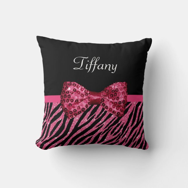 Trendy Pink Zebra Print FAUX Glitz Bow With Name Throw Pillow (Front)