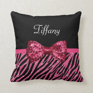 Trendy Pink Zebra Print FAUX Glitz Bow With Name Throw Pillow
